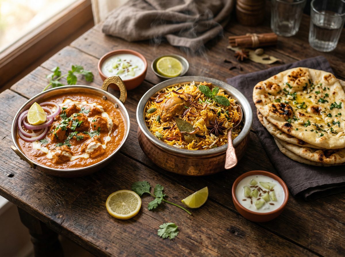 Cuisine indienne avec biryani, butter chicken et naan