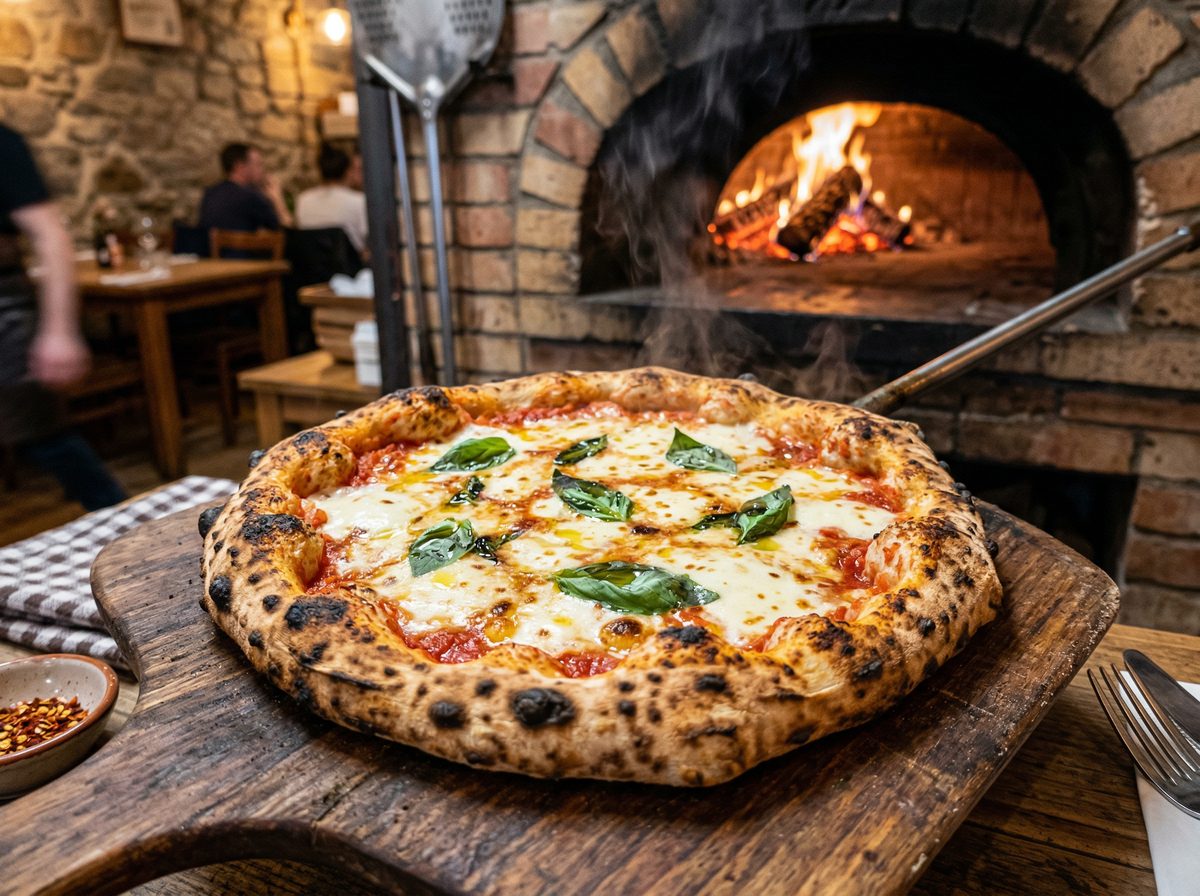 Pizza artisanale sortant du four à bois